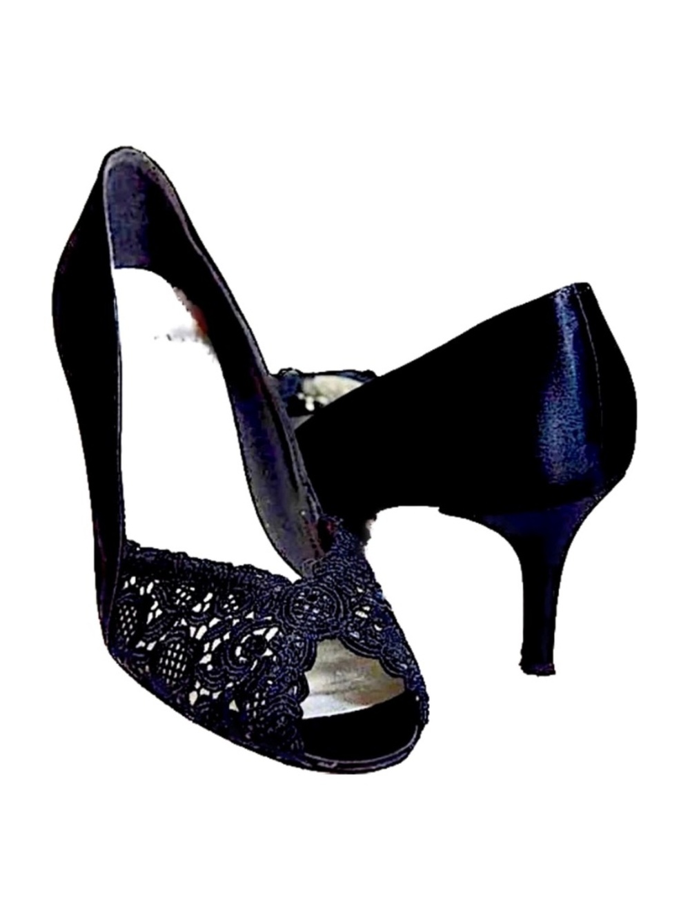 🏷️ Stuart Weitzman Chantelle Black Satin Lace Heels 8.5AA 🇪🇸